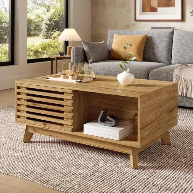HAUSS SPOLE Salontafel - Verstelbaar Tafelblad En Schuifdeur - Opbergruimte Voor Woonkamer - MDF Met Houtlook - 90x55x57,5 Cm - Naturel