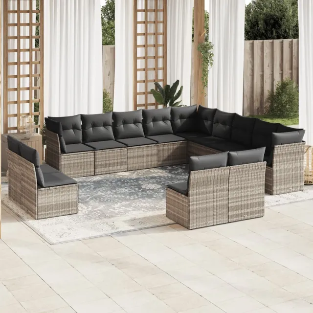 vidaXL 13-delige Loungeset met kussens poly rattan lichtgrijs grijs, foto 2