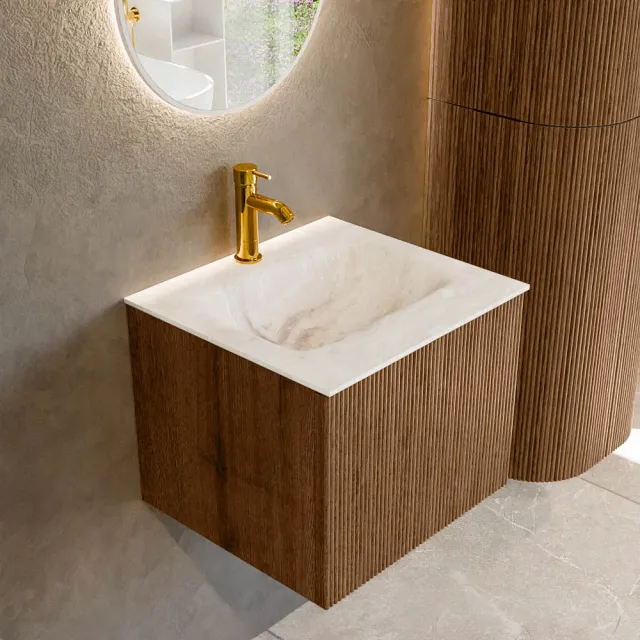 Mondiaz KURVE-DLUX 50 cm Onderkast Greeploos 1 Lade Zonder Deuren Walnut, Wastafel Solid Surface Midden Frappe 1 Kraangat Zonder Spiegel (KRVGRU501L0D1KM-Wal/Fra)