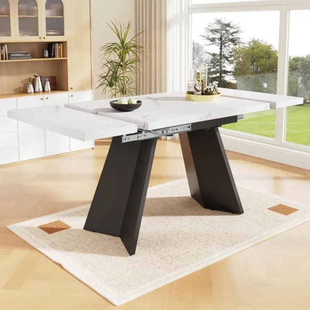 House&Garde Moderne Uitschuifbare Eettafel Marmerlook Zwart-Wit 99–159 x 74 x 77 cm – Rechthoekige Keuken- en Werktafel met Stalen Poten Hoogglans