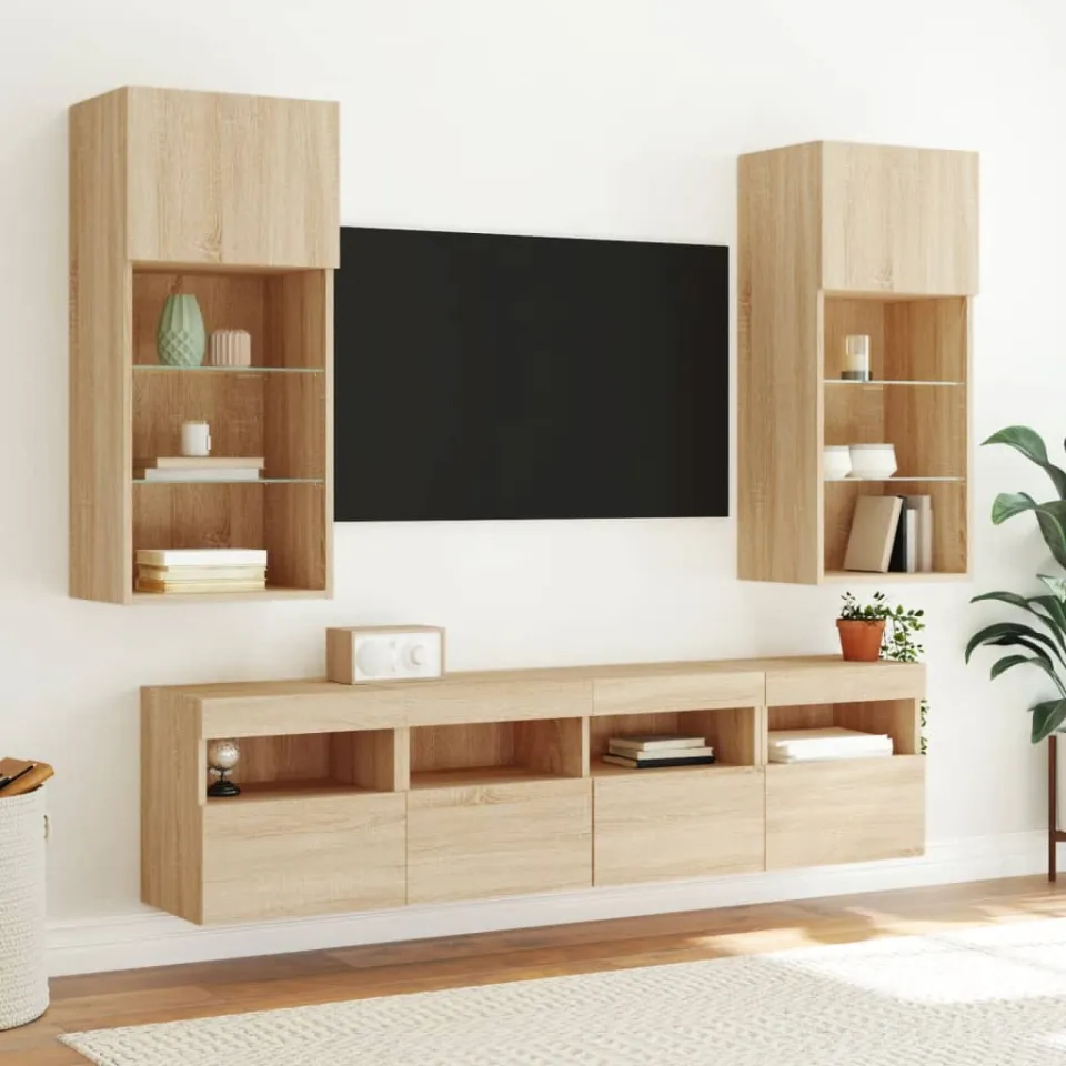 vidaXL 5-delige Tv-wandmeubelset met LED bewerkt hout sonoma eiken, foto 3