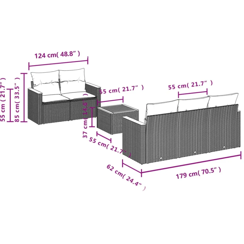 vidaXL 6-delige Loungeset met kussens poly rattan zwart, foto 3