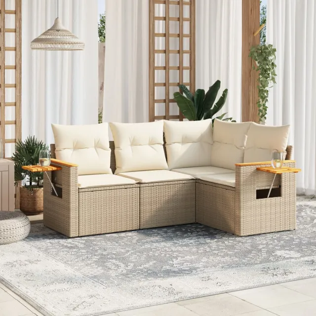 vidaXL 4-delige Loungeset met kussens poly rattan beige, foto 2