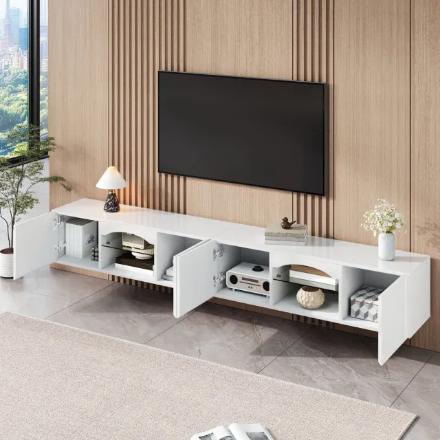 FloraGrace TV-Meubel - Hoogglans Front Met Ledverlichting En Appbediening - Voor Woonkamer - Spaanplaat - 200 x 30 x 28 cm - Wit