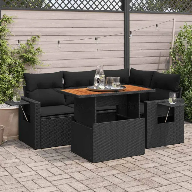 vidaXL 5-delige Loungeset met kussens poly rattan zwart, foto 2
