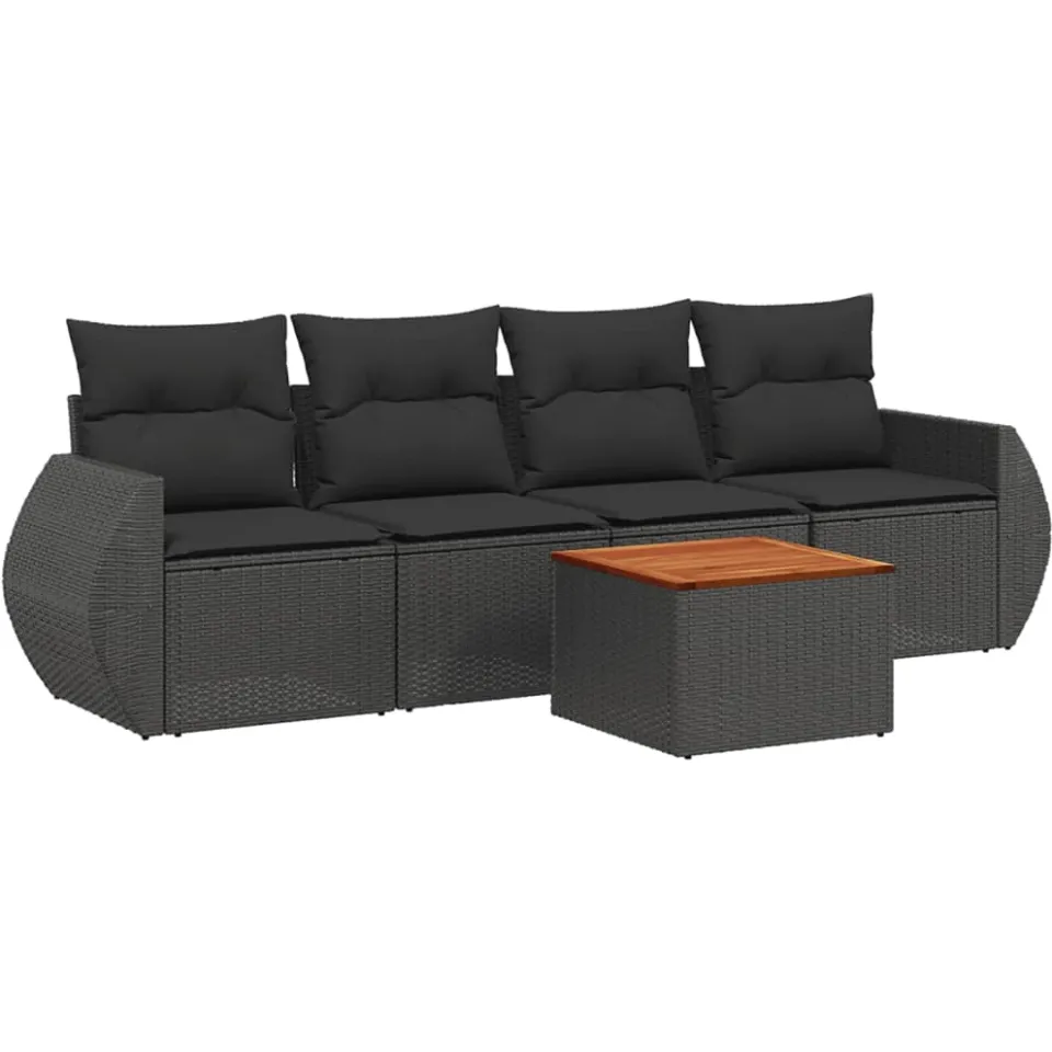vidaXL 5-delige Loungeset met kussens poly rattan zwart, foto 3