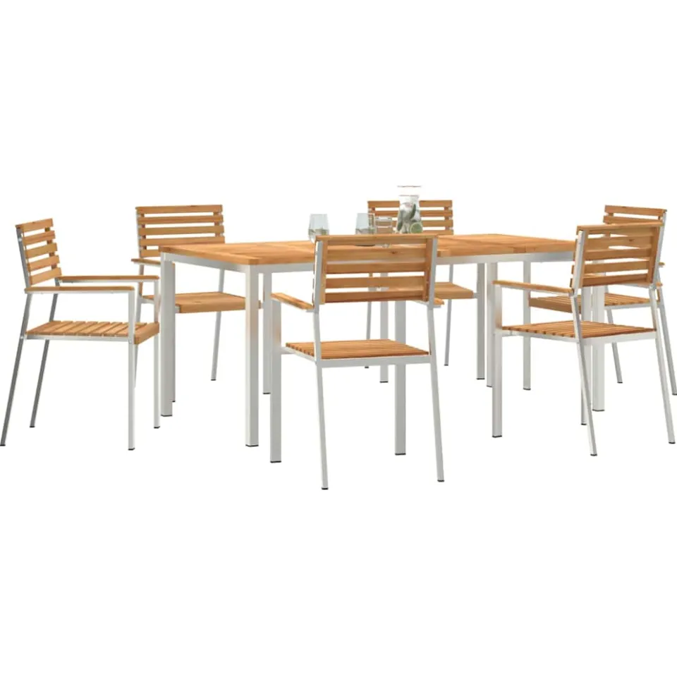 vidaXL Tuin eettafelset 7 st Massief Teakhout en RVS Bruin