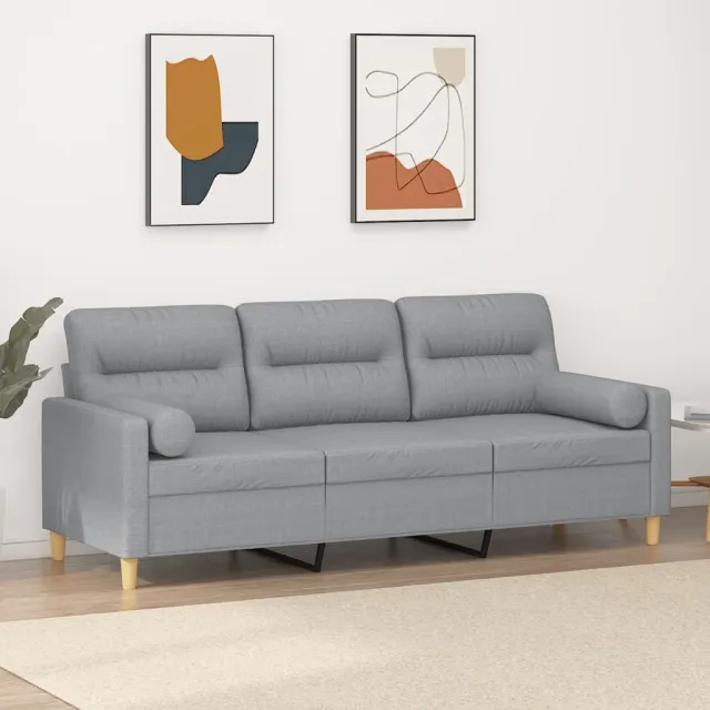 vidaXL Driezitsbank met sierkussens 180 cm stof lichtgrijs grijs