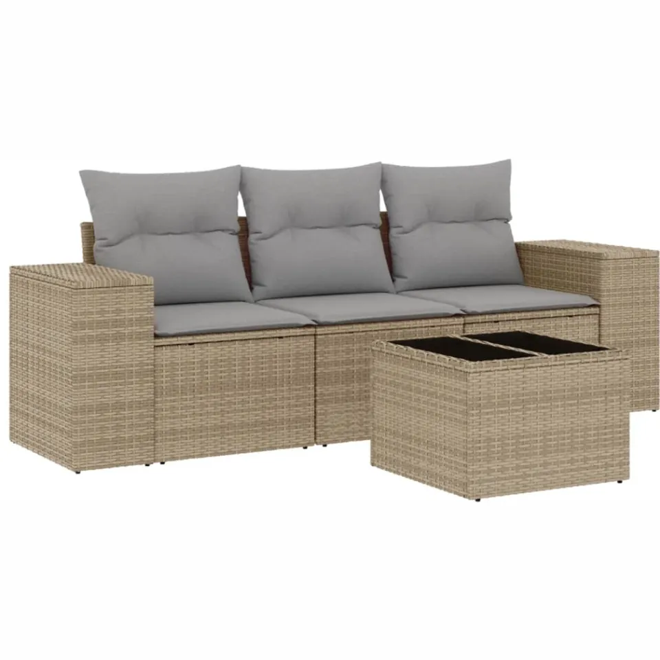 vidaXL 4-delige Loungeset met kussens poly rattan beige