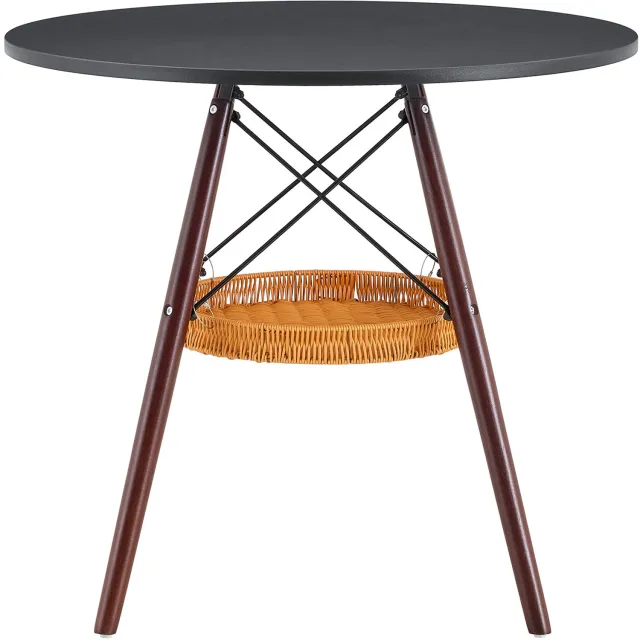 SONNENH Eettafel - Houten poten en gevlochten opbergmand - 80 x 80 x 71,5 cm - Zwart/walnootkleur