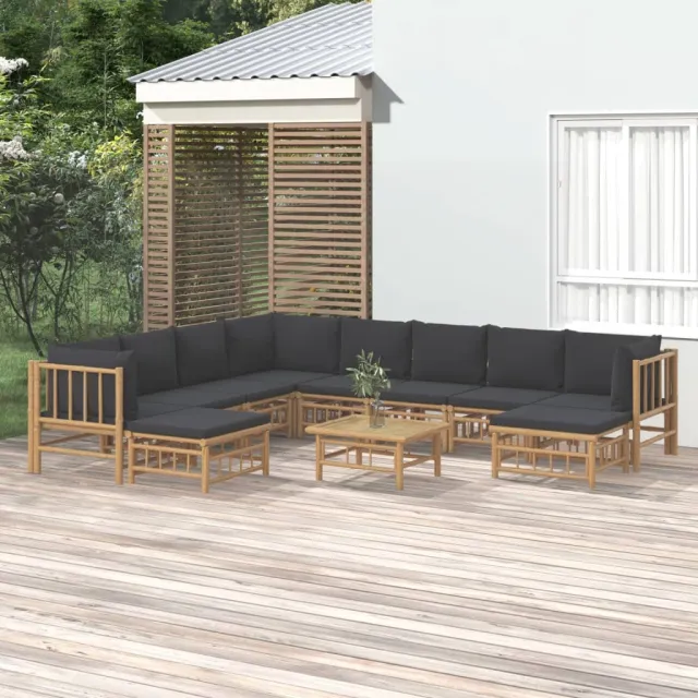vidaXL 11-delige Loungeset met kussens bamboe donkergrijs bruin