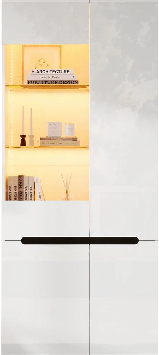 Ropilly Vitrinekast Met LED - Glazen Vitrinekast Met Vier Deuren - Acht Opbergvakken En Verstelbare Planken - Voor Woonkamer - MDF Wit 80×35×180 cm