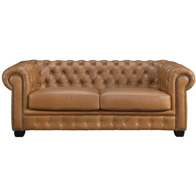 Vente-unique Chesterfield 3-zitsbank BRENTON 100% buffelleer - Vintage caramel Camel