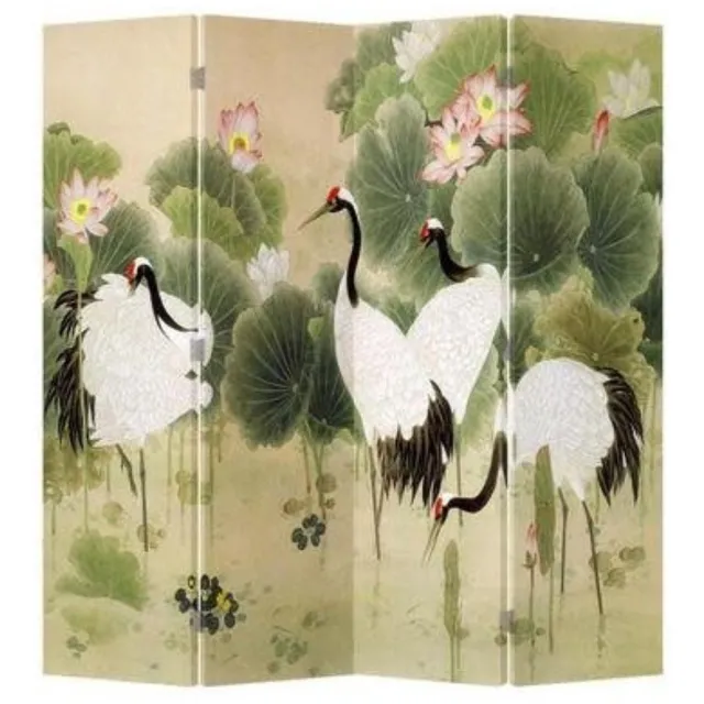 Fine Asianliving Chinees Kamerscherm Oosters Scheidingswand B160xH180cm 4 Panelen Kraanvogels Lotus Tuin Multicolour, Naturel
