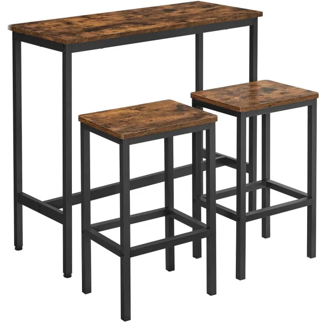 Questyr bartafel met barkrukset - eetgroep - 2 stoelen - stalen verhouding - industrieel ontwerp zwart / donkerbruin houtlook