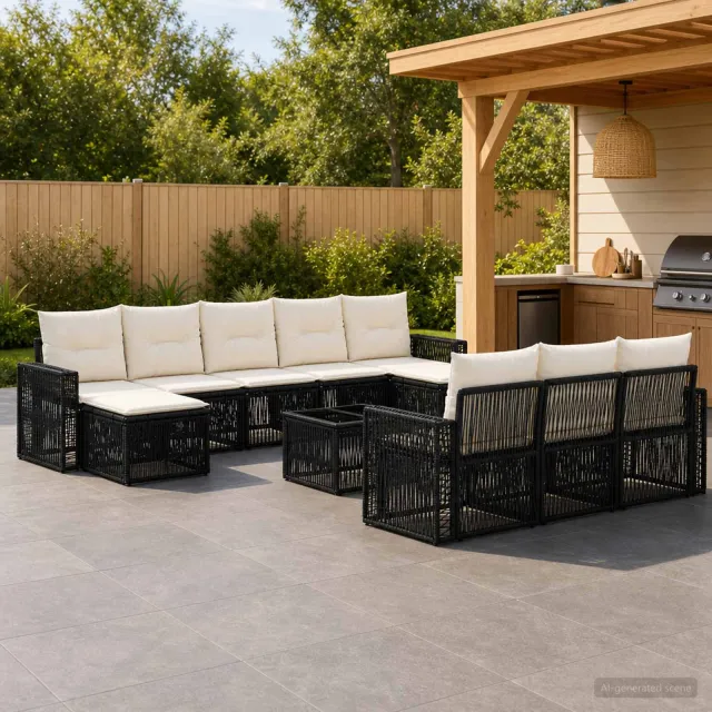 vidaXL Tuinbankenset 11 st 10-zits Zwart en Cream Wit poly rattan, foto 2