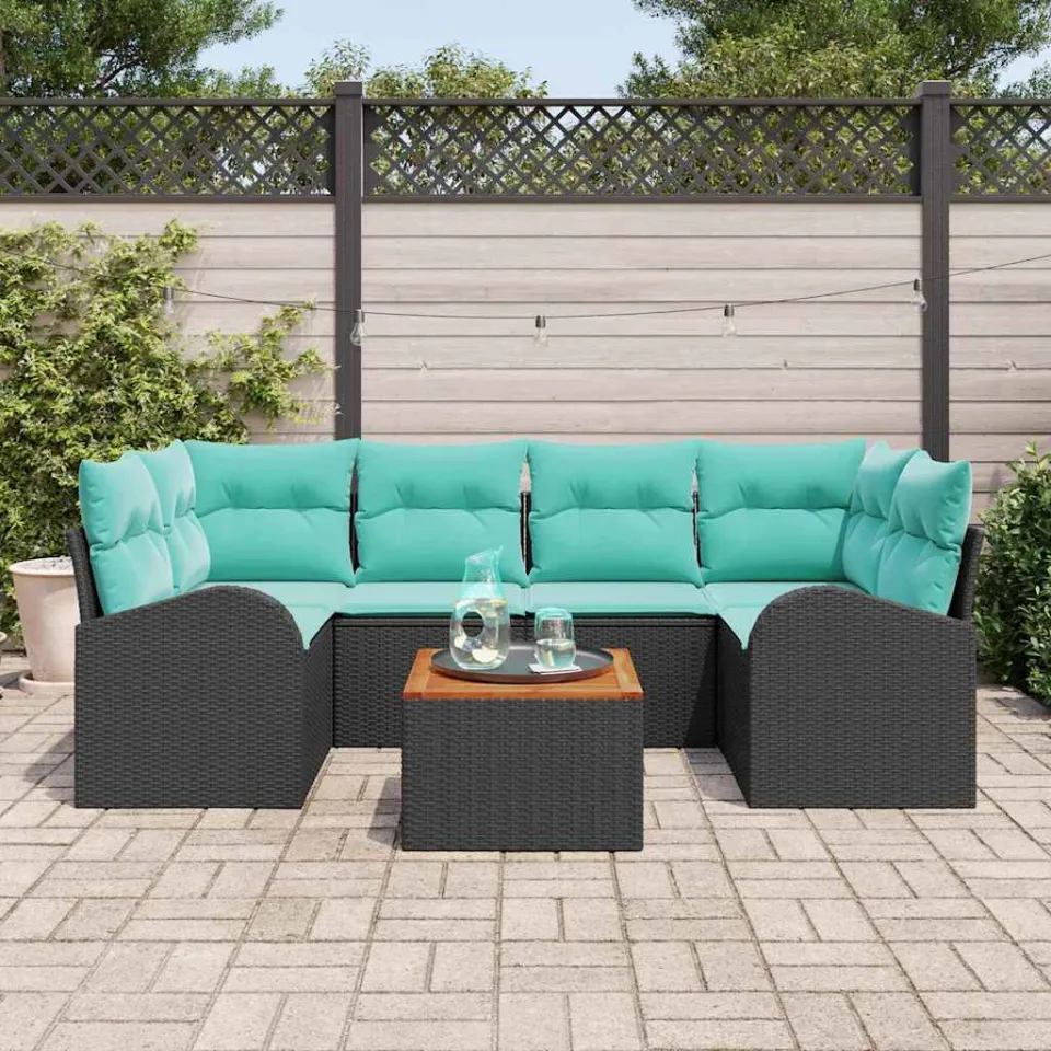 vidaXL Tuinbankenset 7 st Zwart en Turquoise poly rattan, foto 3