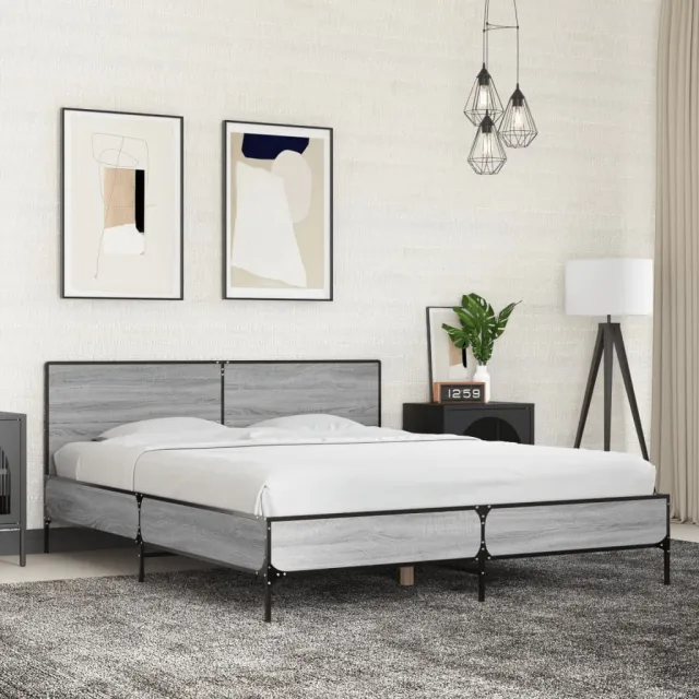 vidaXL Bedframe bewerkt hout metaal grijs sonoma eiken 150x200 cm