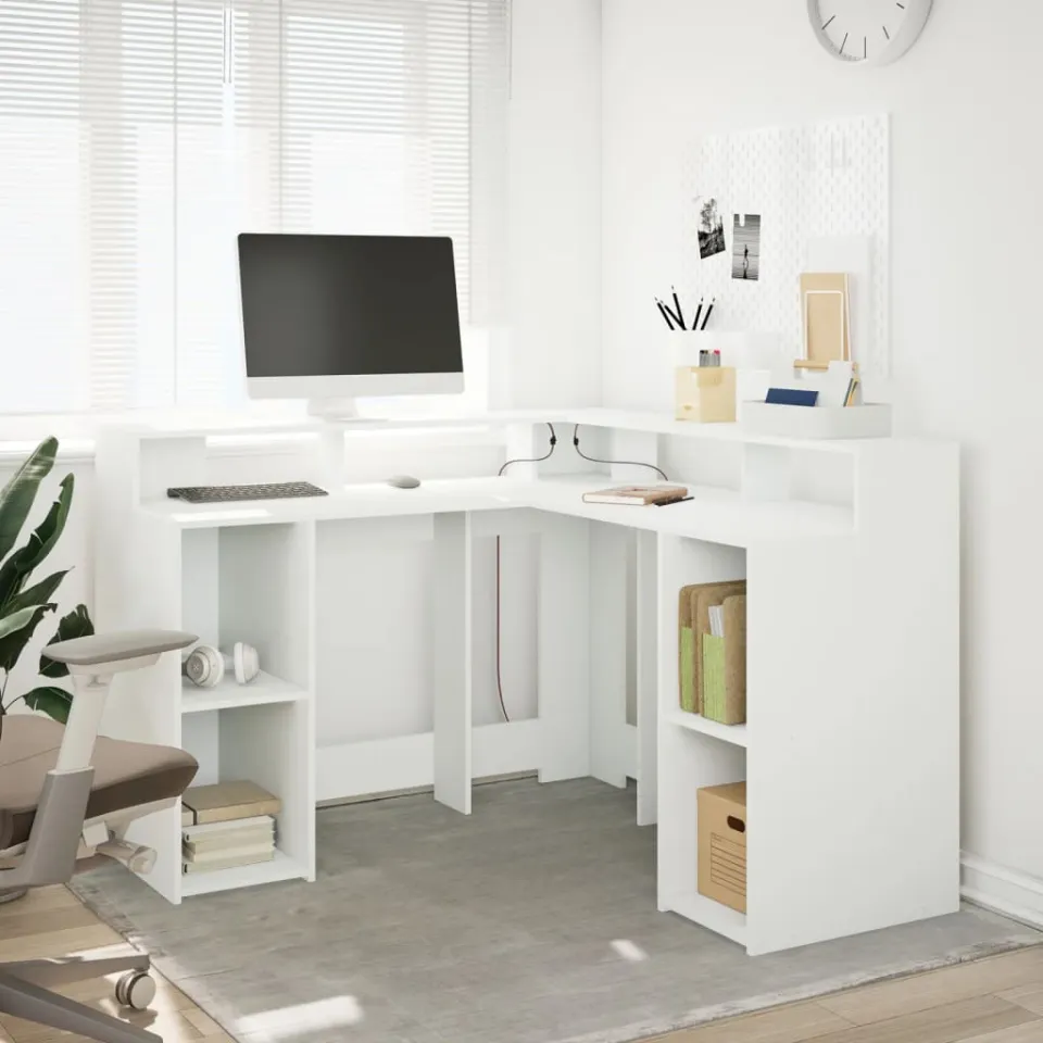 vidaXL Bureau met LED-verlichting 130x130x91 cm bewerkt hout wit, foto 2