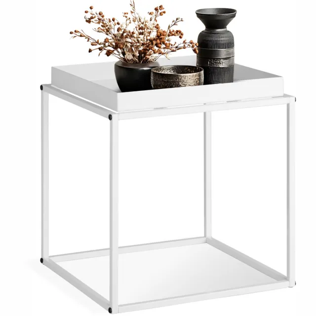 Tectake Vierkante Bijzettafel Cambridge - Tafeltje van Metaal - 40 x 40 x 44 cm - Vloerbeschermend Salontafeltje - Verhoogde Rand - Draagkracht 30kg - Tafel voor Woonkamer of Slaapkamer - Wit