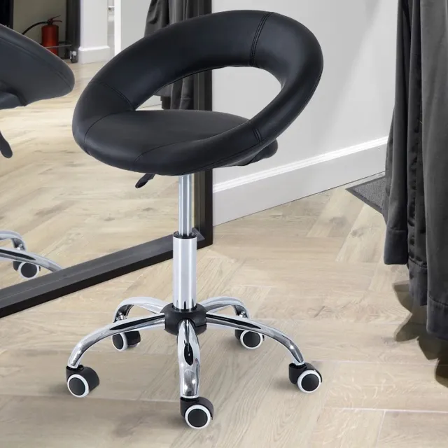 MEUNIQ bureaukruk hoogteverstelbaar 50 x 54 x 66-78 cm met wielen en 360 graden draaibaar, kunstleer en metaal, zwart, werkkruk voor salon en praktijk
