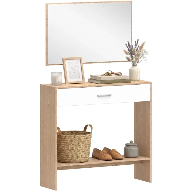 CreateEcom halmeubel - gangtafel - smalle tafel - entreehal met spiegel - lade en plank - 2-delige halmeubelset met consoletafel en spiegel - anti-kantel ontwerp - voor hal - 91,5x27,9x85,5 cm - hout