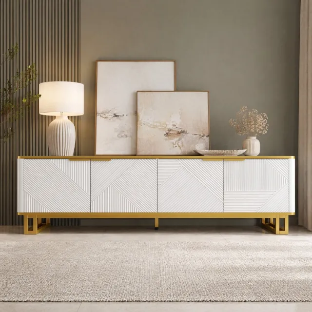 MEUNIQ TV-meubel 160 x 37,5 x 48 cm met 4 deuren, open opbergvak en kabeldoorvoeren voor woonkamer, wit en goud
