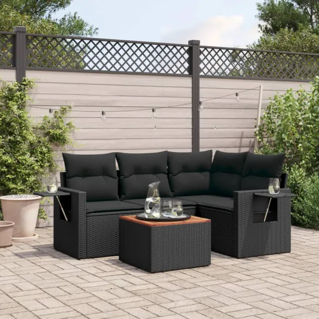 vidaXL 5-delige Loungeset met kussens poly rattan zwart, foto 2