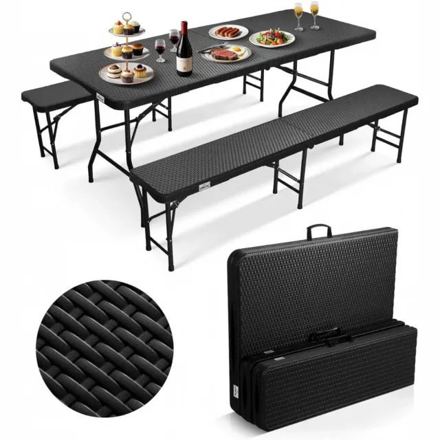 Senella Klaptafel set met 2 klapbanken - Tuinset - Camping tafel - Voor binnen en buiten - Vouwtafel met vouwbanken - Luxe design - Tot Zwart