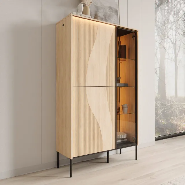 MEUBELLA Fontello - Vitrinekast - Eikenpatroon - 92x34x157 cm Bruin