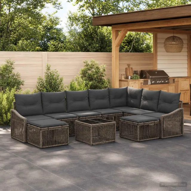 vidaXL Tuinbankenset 10 st 9-zits Grijs poly rattan