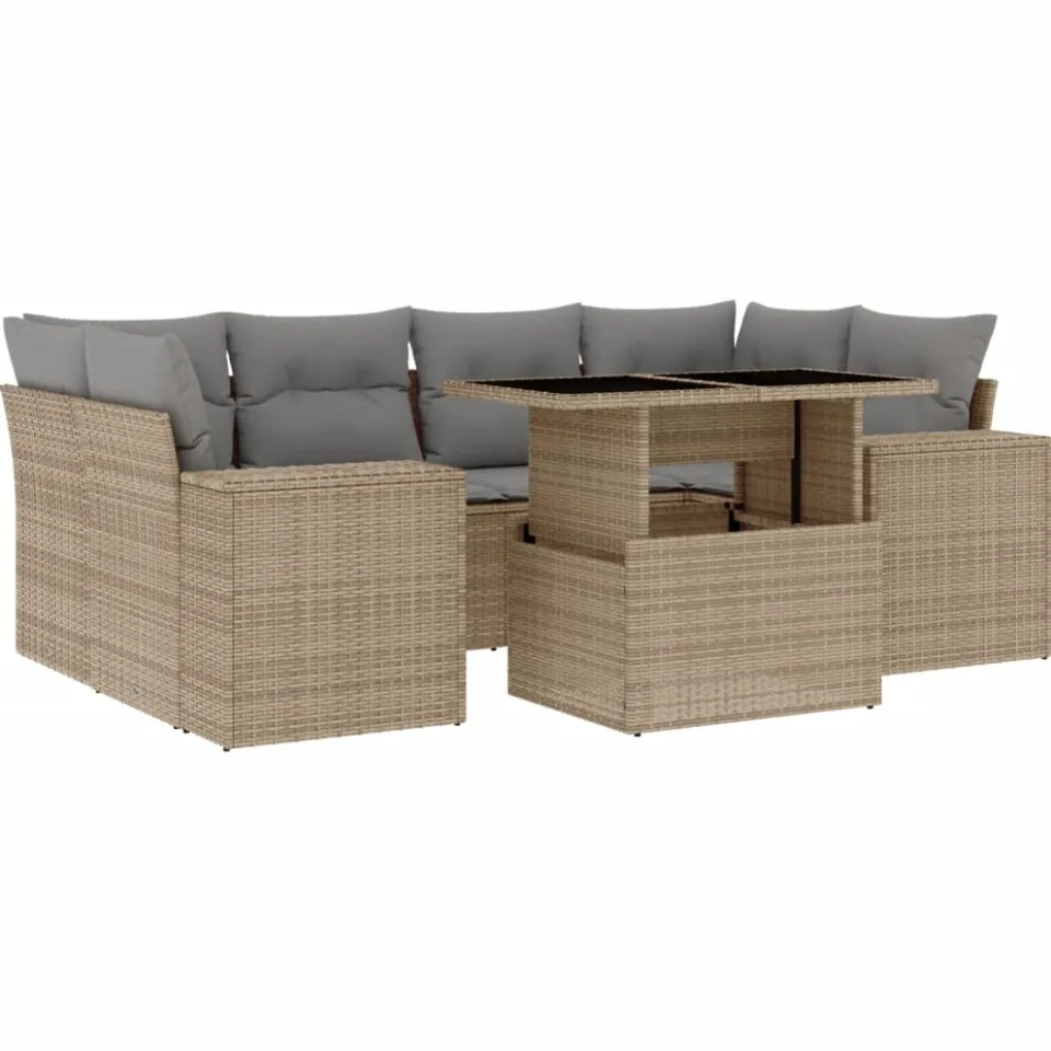 vidaXL 7-delige Loungeset met kussens poly rattan beige, foto 3