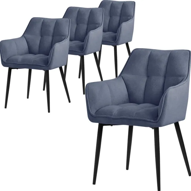 ml-design eetkamerstoelen set van 4 in badstof, blauw, keukenstoel met dikke gestoffeerde zitting & metalen poten, woonkamerstoel met rugleuning en armleuningen, ergonomische loungestoel