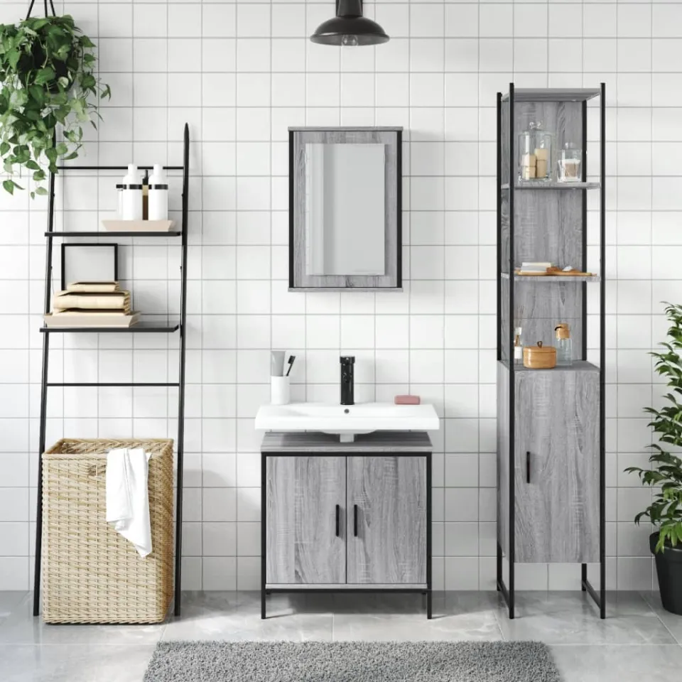 vidaXL 3-delige Badkamermeubelset bewerkt hout grijs sonoma eikenkleur, foto 2