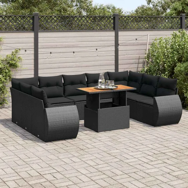 vidaXL 10-delige Loungeset met kussens poly rattan zwart, foto 2