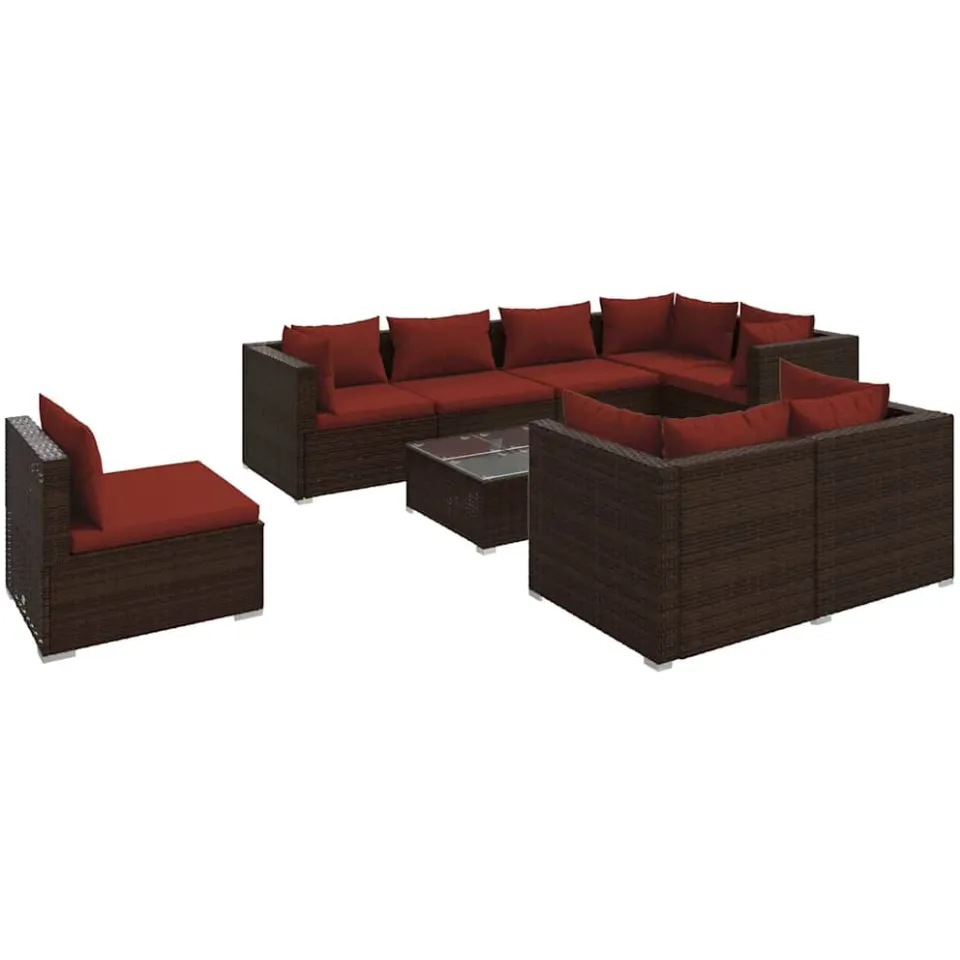 vidaXL 9-delige Loungeset met kussens poly rattan bruin, foto 4