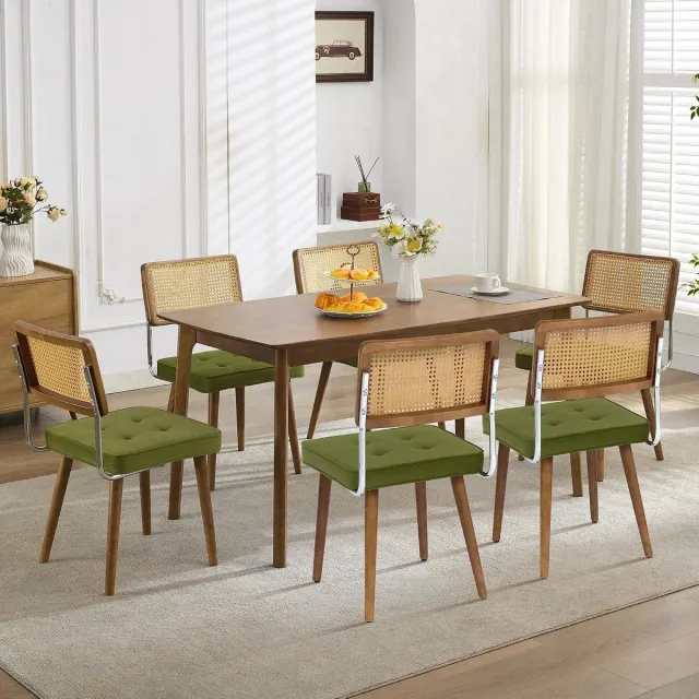 HOERFURIY Rotan Eetkamerstoelen Set van 6 - Cesca Stoelen Chroom & Hout Retro Groen