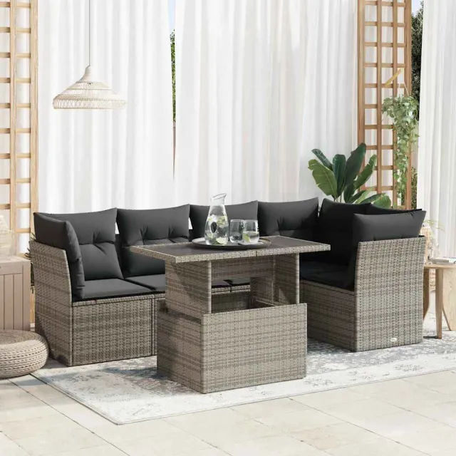 vidaXL 6-delige Loungeset met kussens poly rattan grijs, foto 2