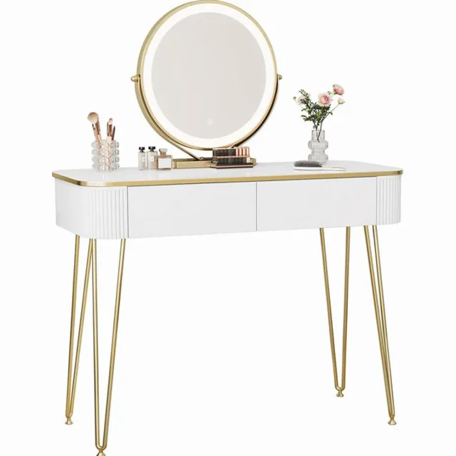 Sierra , 0057SZT Make-uptafel met ledverlichting, instelbare helderheid, kaptafel met spiegel, 3 kleuren, kaptafel met 2 houten laden, met metalen poten, 100 x 40 cm, modern, wit/goud