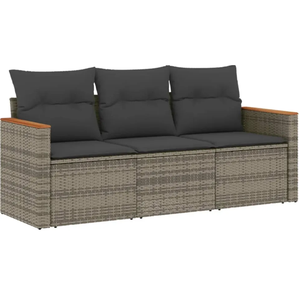 vidaXL 3-delige Loungeset met kussens poly rattan grijs, foto 3