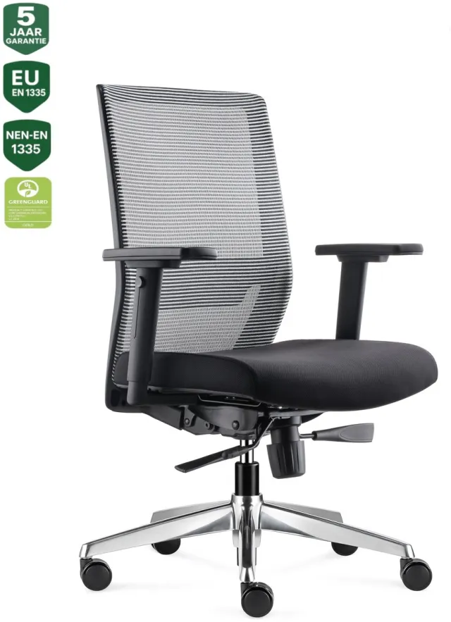 Bens 850-Ergo-3 Wit- Ergonomische Bureaustoel - Bureaustoelen voor volwassenen - Kantoorstoel - Gepolijst aluminium voetenkruis - GREENGUARD GOLD - NEN-EN1335 & ARBO normen