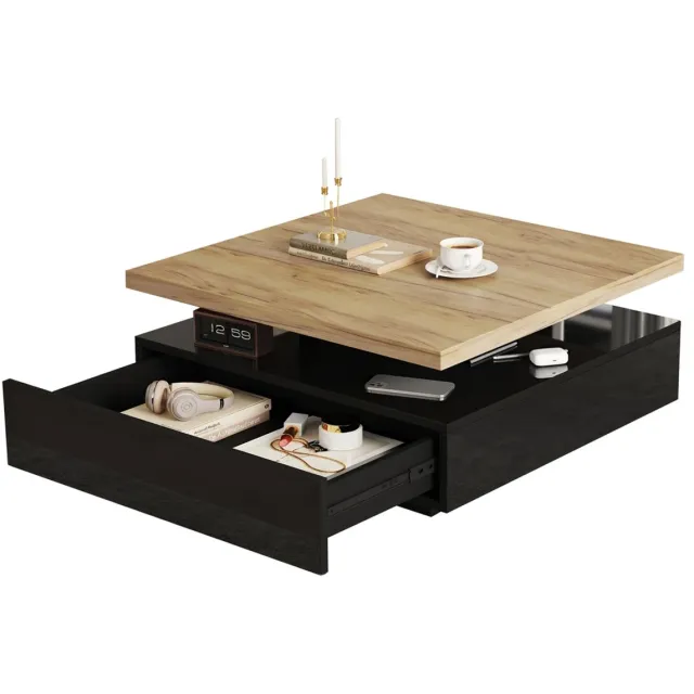 Rolipo Draaibare salontafel-Vierkante salontafel-Walnoot en hoogglans zwart-Met verborgen lade-Moderne salontafel voor woonkamer