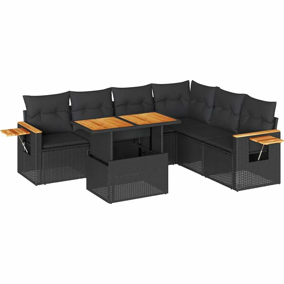 vidaXL 7-delige Loungeset met kussens poly rattan acacia zwart, foto 3