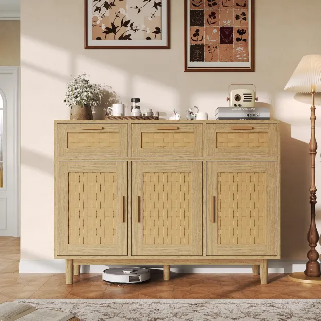 Solvenrik Dressoir 108 cm met 3 Lades & 3 Deuren – Rotan Design Buffetkast – Eiken Opbergkast Hout