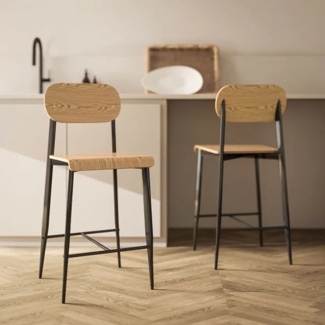 MODENUIT Barkruk 43 x 55 x 103 cm - Set Van 2 Met Rugleuning En Voetensteun - Keuken En Bar - Hout Zwart Naturel hout