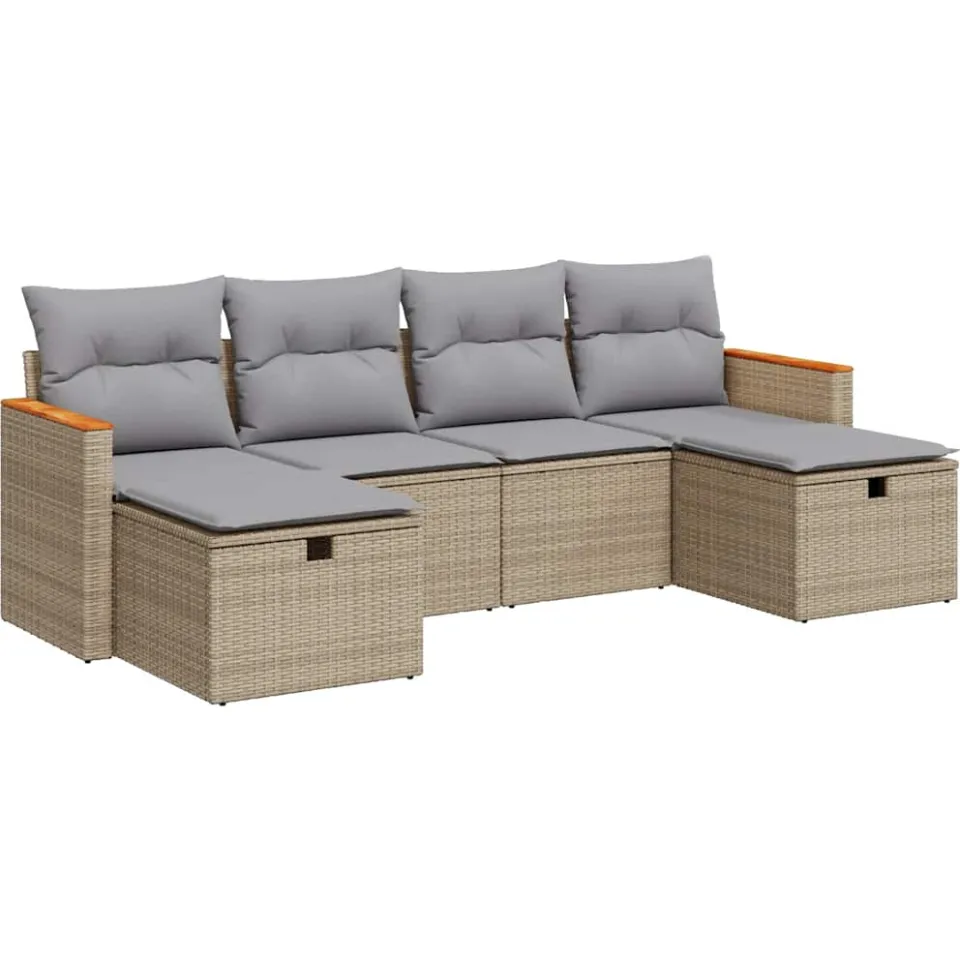 vidaXL 6-delige Loungeset met kussens poly rattan beige, foto 3