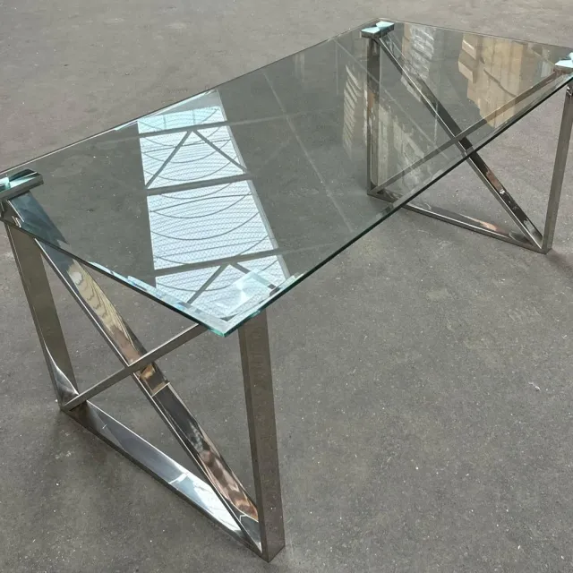 Mbc-Living Rixos Eetkamer tafel - Kuster stijl - 180 x90cm - RVS onderstel - Helder facet geslepen glas plaat helder met glanzende zilver metaal