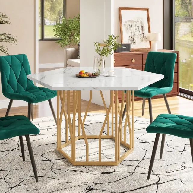 STILVORA Eettafel - Zeshoekig Modern Marmerpatroon Met MDF Blad En Gouden Metalen Onderstel - 115,5x100x75 cm - Goud+Wit - Draagkracht 60kg