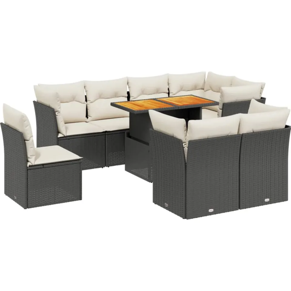 vidaXL 9-delige Loungeset met kussens poly rattan zwart