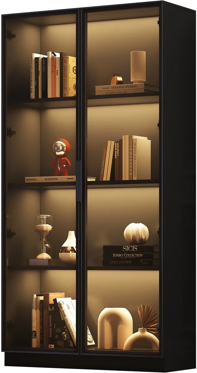 Ropilly Vitrinekast Met LED-Verlichting - Dubbele Glazen Deuren - Verstelbare Legplanken - Hoge Kast Voor Woonkamer - Zwart Spaanplaat Met Aluminium Frame